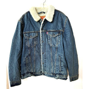 Levis Levi Strauss Sherling Sherpa Lined Blue Denim Trucker Jacket Red Tab XL